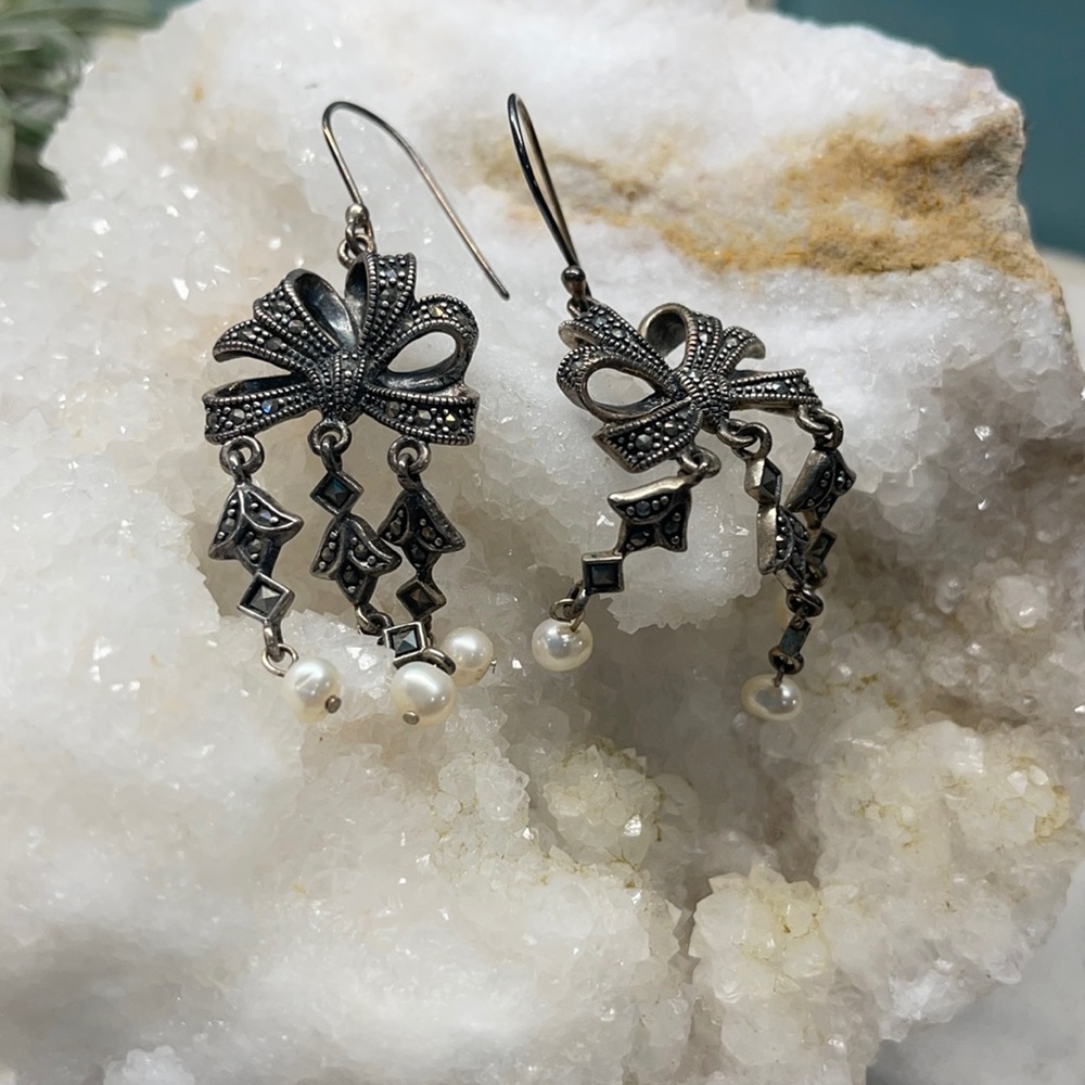Sterling marcasite wire bow earrings Pearl drop